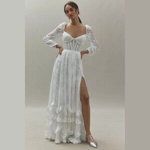 NEW V. Chapman Sizes 2, 6 Carmella Long-Sleeve Ruffled Chiffon Maxi Dress, White